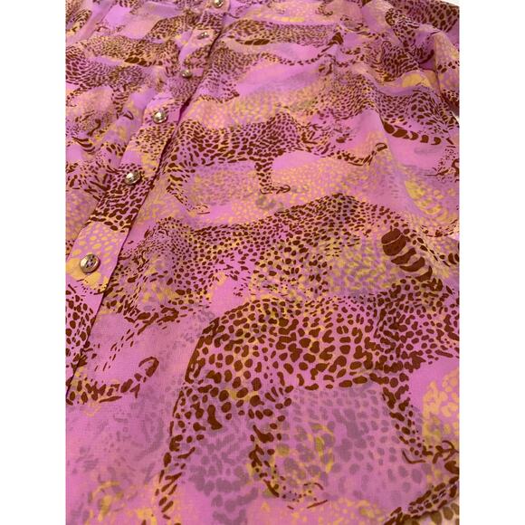 Cabi #5711 Minx Leopard Button-Down Blouse Flutter / Bell Sleeve Sheer Pink Sz M - Picture 8 of 9